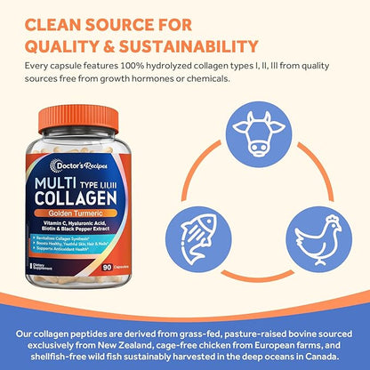 Doctor's Recipes Multi Collagen Peptides with Golden Turmeric, Vitamin C, Biotin, Hyaluronic Acid & Black Pepper, Collagen Supplements for Skin, Hair, Nail, Collagen for Women and Men, 90 Caps