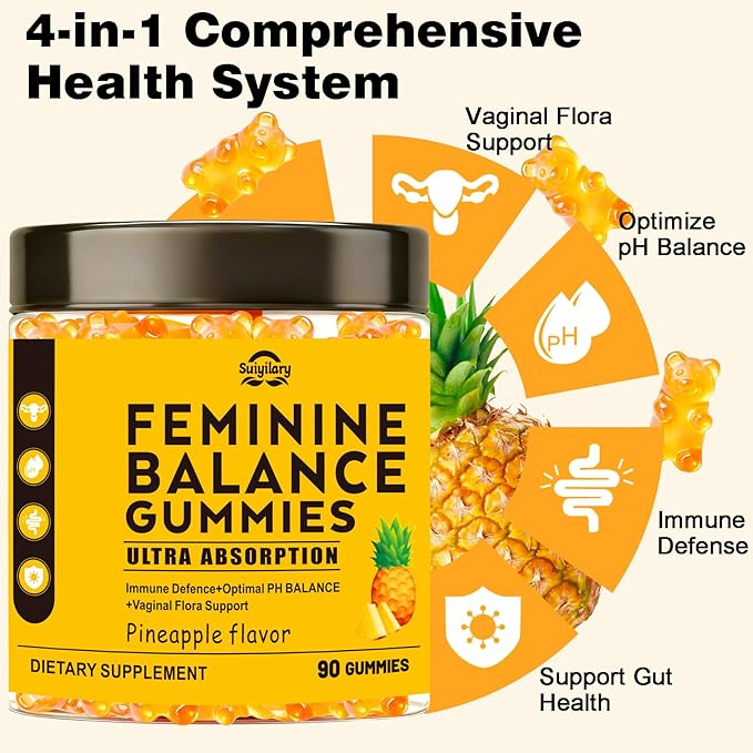 Suiyilary Feminine Probiotics Gummies for Women, Pineapple Gummies PH Balance, Premium Vaginal Health, Immune Support, Vegan, Gluten-Free, Hawaiian Pineapple 90 Gummies 45 Servings