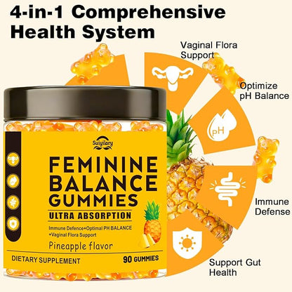 Suiyilary Feminine Probiotics Gummies for Women, Pineapple Gummies PH Balance, Premium Vaginal Health, Immune Support, Vegan, Gluten-Free, Hawaiian Pineapple 90 Gummies 45 Servings