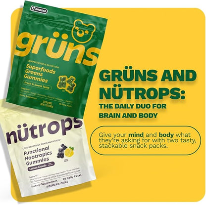 Grüns Nutrops Lions Mane Mushroom Gummies for Adults, Functional Nootropics, Herbal Brain Supplement for Energy, Brain Health, Cognitive, Memory & Focus, Reishi, Chaga, Cordyceps, Coriolus, 28 Count
