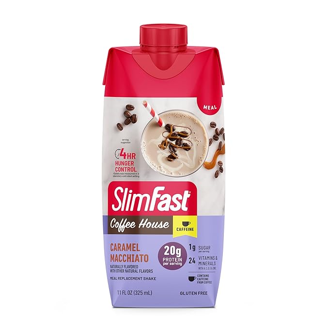 SlimFast Protein Shake with Caffeine, Caramel Macchiato- 20g Protein, Meal Replacement Shakes, High Protein with Low Carb and Low Sugar, 24 Vitamins and Minerals, 12 Count (Pack of 1)