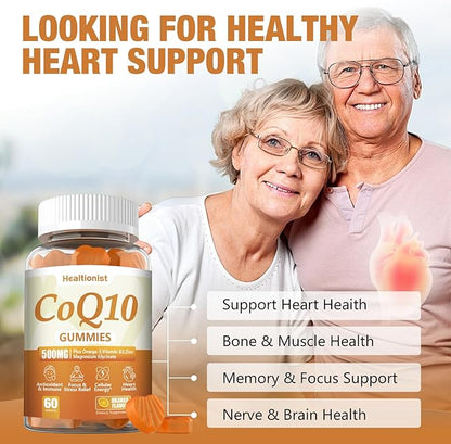 1 Pack 500MG Coq10 Gummies - 3X Better Absorption, Plus Omega-3, Magnesium, Vitamin B3 & Zinc - Coenzyme Q10 Supplements for Heart Health, Cellular Energy & Antioxidant, Vegan, 60 Counts