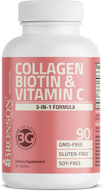 Bronson Collagen Peptides 3000mg (per Serving) with Biotin & Vitamin C - for Hair, Skin & Nails Support, Non-GMO, 90 Tablets