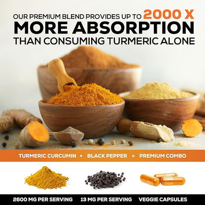 Turmeric Curcumin Supplement - 2400mg Organic Turmeric Per Serving - 95% Curcuminoids & BioPerine Black Pepper Extract for Best Absorption - Natural Vegan Joint Support - Bottled in USA - 60 Capsules