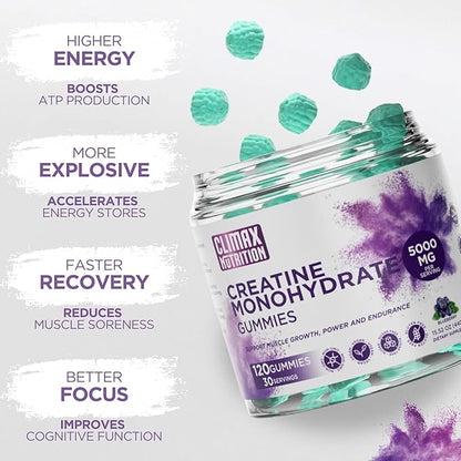 Creatine Monohydrate Gummies - Vegan, Sugar-Free, Gluten-Free - Boosts Muscle Recovery, Strength & Lean Muscle Growth - Brain Health Support - For Men & Women - Blueberry Flavor - 120 gummies