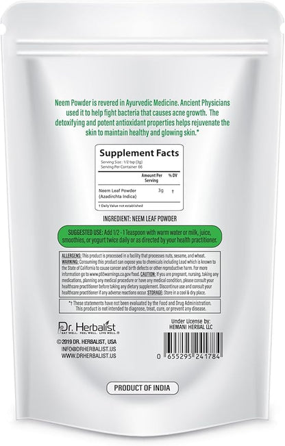 Dr. Herbalist Neem Leaf Powder 200g - Azadirachta Indica for Skin, Hair & Overall Wellness - 100% Natural, Vegan-Friendly & Cruelty-Free