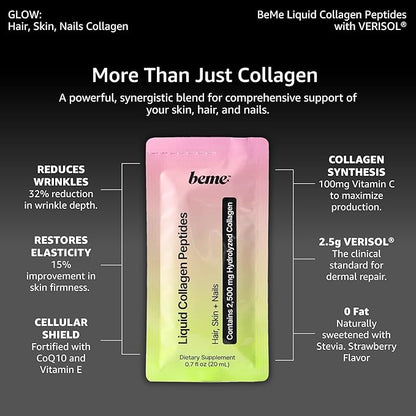 BeMe Liquid Collagen for Women — 2,500mg Hydrolyzed Bovine VERISOL Collagen Peptides Drink — Biotin, CoQ10 & Vitamin C Collagen Supplement for Hair, Skin & Nails — Strawberry, 30 Sachets
