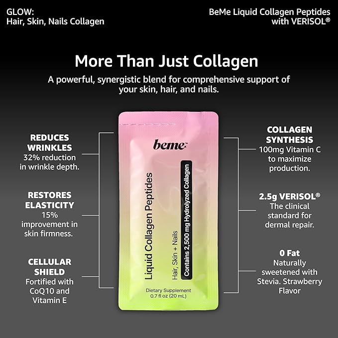 BeMe Liquid Collagen for Women — 2,500mg Hydrolyzed Bovine Collagen Peptides Drink with Biotin & Vitamin C — Clinically Studied Collagen Supplement for Hair, Skin & Nails — Strawberry, 15 Sachets