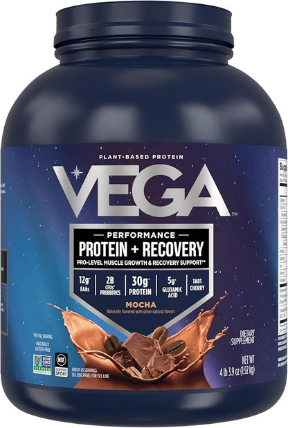 Vega Sport Vegan Protein Powder + Recovery - 30g Plant Based Protein per Serving, Mocha, 45 Servings, 5g BCAAs, Probiotics, NSF Certified, for Shakes & Smoothies, 4.2lbs (Packaging May Vary)