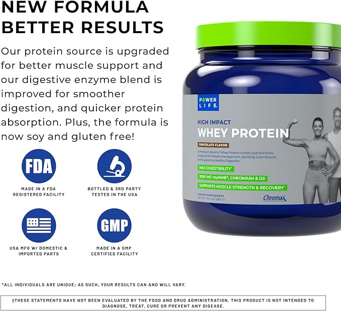POWERLIFE High Impact Grass Fed Whey Protein with 3000 MG of HMB, No Sugar Added, Non-GMO, Hormone and Antibiotic Free, 15 Servings (Chocolate - New Formula)