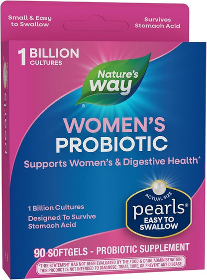 Nature's Way Women's Probiotic Pearls, Supports Vaginal and Digestive Health*, 1 Billion Live Cultures, Protects Against Occasional Bloating & Constipation*, Easy-to-Swallow Softgels, 90 Count