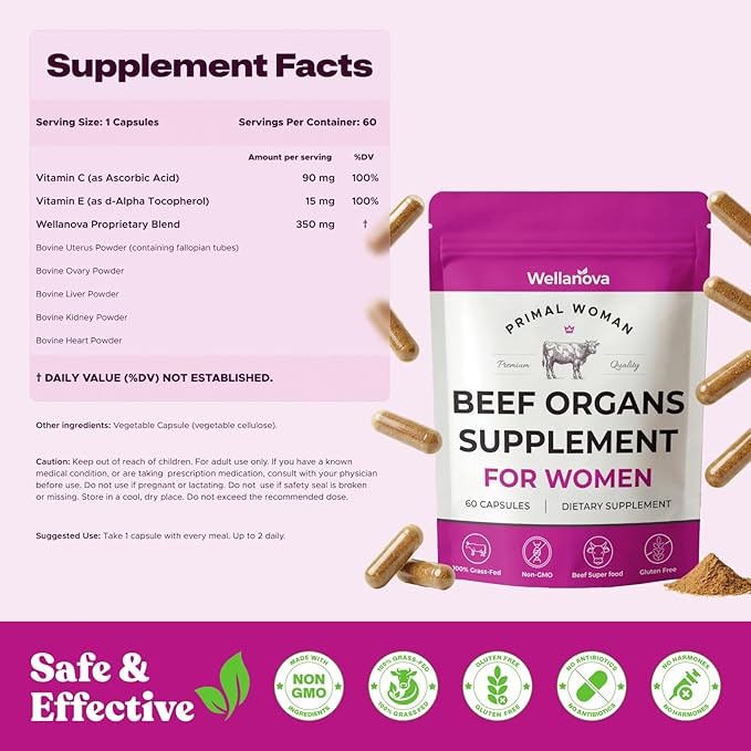 Primal Beef Organ Supplement for Women, Grass-Fed Ancestral Superfood Supplement with Uterus & Liver for Hormone Balance & Queen Energy - 60 Day Supply