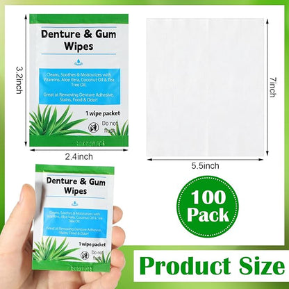 Timgle 100 Pcs Denture Cleaning Wipes Refreshes Mouth Deep Cleaning Wipes for Remove Denture Adhesive, Food Debris, Stains and Odor (Classic)