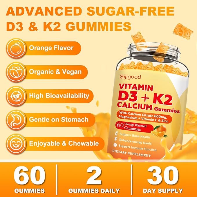 Vitamin D3 K2 Gummies for Women & Men, 6-in-1 Vitamin D Supplements with Magnesium, Zinc and Calcium for Bone, Immune & Energy Support, Sugar Free, Orange Flavor, 60 Count