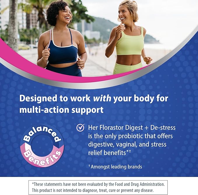 Florastor Probiotics for Women, Digest and De-Stress, Probiotics for Digestive Health, Vaginal Probiotic, and L-Theanine for Mind and Body Wellness, 60 Capsules
