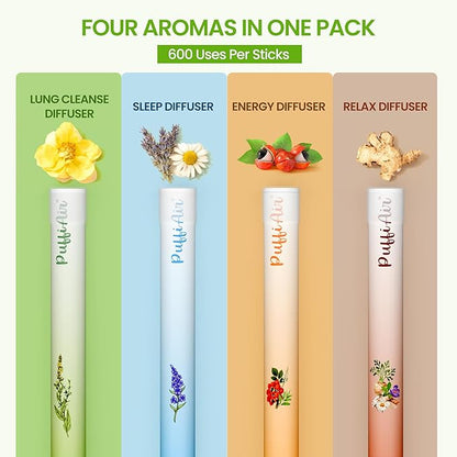 PUFFIAIR Herbal Diffuser Pen 4 Pack, Clean Botanical Aromatherapy Diffusers, Four Aroma Variety Set, Cool Mint & Herbal Scents, Smooth Daily Experience, Up to 600 Uses Each