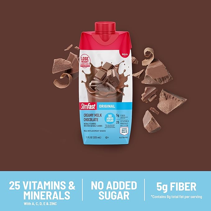 SlimFast Meal Replacement Shake, Original Creamy Milk Chocolate, No Added Sugar, Meal Replacement Shakes, 10g Ready to Drink Protein, 5g Fiber, 25 Vitamins and Minerals, 11 Fl. Oz, 12 Count