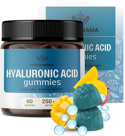 HERBAMAMA Hyaluronic Acid Gummies - 250mg Pure Hyaluronic Acid for Hair, Skin & Nails Support - Vegan, Non-GMO Skin Elasticity Supplement - 60 Pectin-Based Mango-Flavored Chews