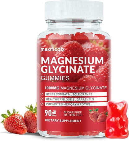 Magnesium Glycinate Gummies 1000mg, Sugar Free Magnesium Potassium Supplements Chewable for Adults with L-Threonate for Sleep, Body Support and Relaxation,90 Strawberry Gummies