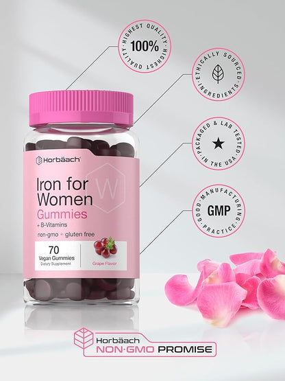 Horbäach Iron Gummies for Women | 70 Count | Grape Flavor | Supplement with B Vitamins Folate and Zinc | Vegan, Non-GMO & Gluten Free