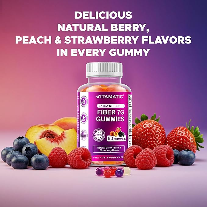 Vitamatic Prebiotic Fiber Gummies for Adults – 2 Pack (Total 120 Gummies) 7g Fiber per Serving | Extra Strength | Zero Sugar Added | Pectin-Based | Digestive Health & Regularity Support