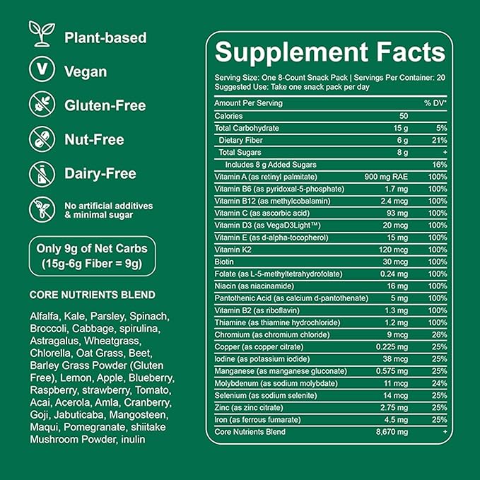 Greens Gummies, Daily Greens Gummies with Organic Chlorella and Spirulina, Digestive & Gut Health, Low Sugar, Formulated with 60+ Ingredients, Individual Packets,160 Gummy Bear