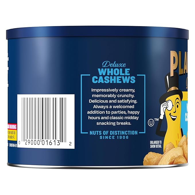 PLANTERS Deluxe Salted Whole Cashews, Party Snacks, Plant-based Protein, 8.5 oz Canister