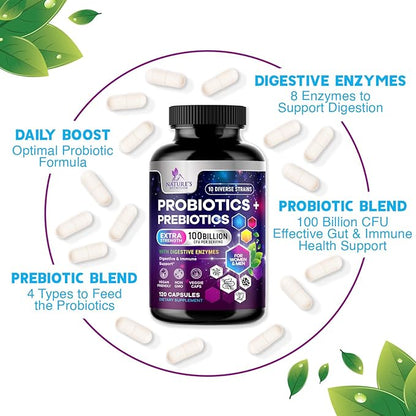 Probiotics 100 Billion CFU Per Serving - 10 Probiotic Strains & Prebiotics - Digestive Gut Health, Immune Support & Occasional Constipation, Gas & Bloating - Daily Supplement For Adults - 120 Capsules