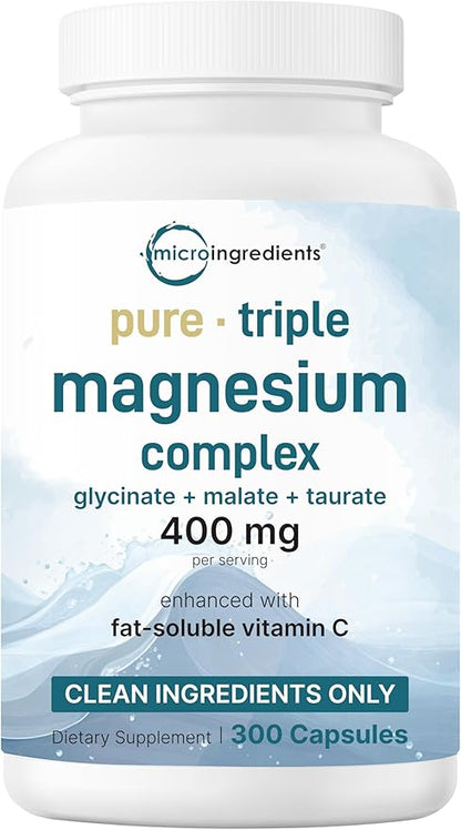 Micro Ingredients Pure Magnesium Complex, 300 Capsules | Triple Magnesium Glycinate, Malate, Taurate with Vitamin C | 100% Chelated | Supports Muscles, Nerves, & Energy | Only Active Ingredients