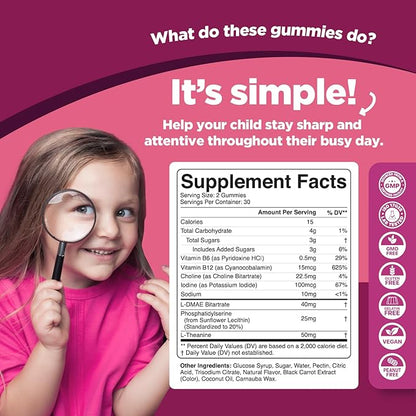 Vegan Kids Focus Gummies - Potent Chewable Brain Support for Children - Enhances Concentration & Memory - Calming Supplements & Focus Gummies for Kids - Non-GMO & Gluten-Free - 60 Count - 3 Pack