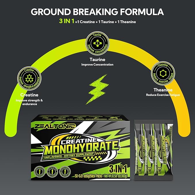 5000mg 99.9% Micronized Creatine Monohydrate Powder Stick Packs with 800mg of Taurine, and 200mg of L-theanine Supports Strength, Lean Muscle, & Recovery for Men & Women Creatine Packets 50 Servings