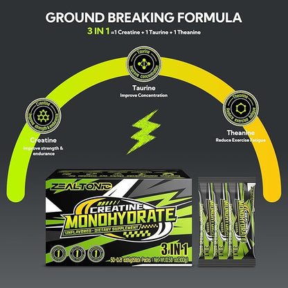 5000mg 99.9% Micronized Creatine Monohydrate Powder Stick Packs with 800mg of Taurine, and 200mg of L-theanine Supports Strength, Lean Muscle, & Recovery for Men & Women Creatine Packets 100 Servings