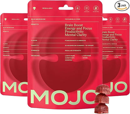 Mojo Focus Gummies w/Lion’s Mane, Panax Ginseng, Ginger Root, Cordyceps, Brain Supplement Memory/Focus Support Adults Nootropic Mushroom Gummies, Pomegranate Hibiscus, Regular Strength (3 Pack)