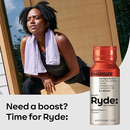 Ryde: Energize Shot | Tropical Flavor | Green Tea Caffeine, Taurine, Ginseng Extract & B Vitamins | 0 Calories, 0 Sugar | 2 FL OZ Shots | Boosts energy* (24 Pack)