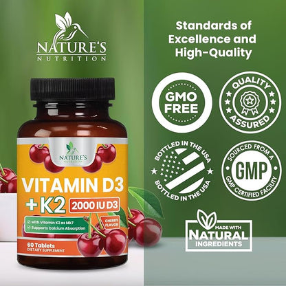 Vitamin D 2000 IU 50mcg Per Tablet - Vitamins D3 & K2 (MK7) Complex Supplement for Bone, Teeth, Muscle, Calcium Absorption, Supports Immune & Heart Health, Chewable Formula USA Bottled - 60 Tablets
