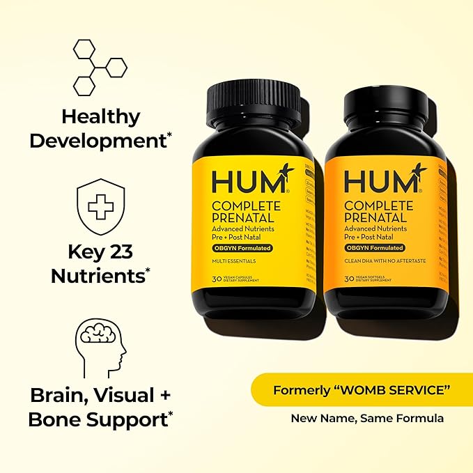 HUM Complete Prenatal Multivitamin for Women with Folate, DHA, and Choline, 23 Nutrients for Daily Support, Gluten Free, Non GMO Supplement for Pre, During, and Post Pregnancy, 30 Vegan Capsules