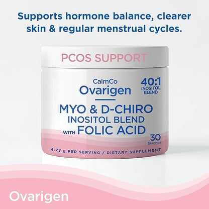CalmCo Ovarigen Myo-Inositol & D-Chiro Inositol Supplement for Women – 40:1 Inositol Powder with Folic Acid, Fertility Supplements for PCOS, Hormone Balance and Ovarian Support (30 Servings)