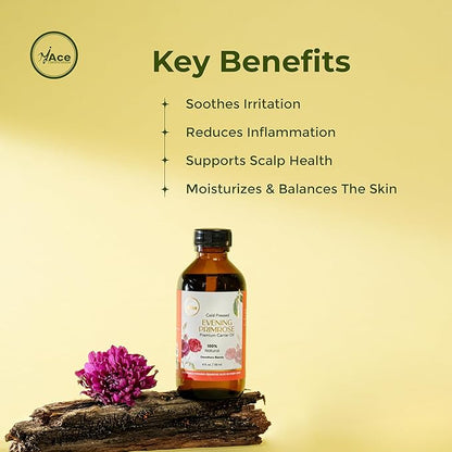 My Ace Evening Primrose Carrier Oil | 100% Pure Cold Pressed Lightweight Oil for Face & Skin Care, Body Moisturizer, Hair Nourishment, Massage & Aromatherapy – 4 fl oz