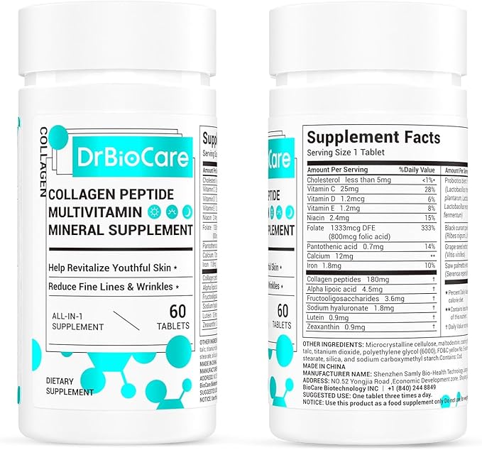 DrBioCare Collagen Peptides for Women, Beauty Vitamin & Mineral Supplement,Contains Vitamin D3, Probiotics for Women & Collagen Peptides,Vitamin B Complex,Vitamin E 60 Tablets