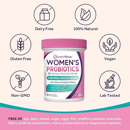 Doctor's Recipes Probiotics for Women, Organic Prebiotics and Probiotics for Digestive Health, Vaginal Health, 140 Billion CFU, 10 Strains, Shelf Stable, 60 Capsules