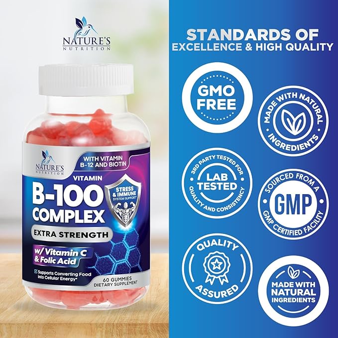 Vitamin B Complex Gummies - Extra Strength Super B Vitamin Gummy with Vitamin C For Immune Support - Energy Support Supplements with Folic Acid, Niacin, B6, B12 & Biotin for Men & Women - 60 Gummies
