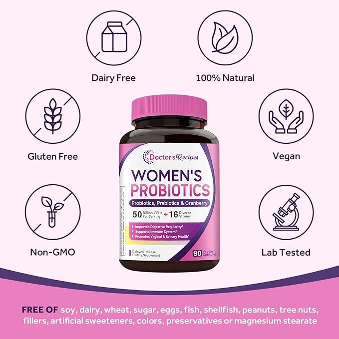 Doctor's Recipes Women's Probiotic, 90 Caps 50 Billion CFU 16 Strains, with Organic Cranberry, Digestive Immune Vaginal & Urinary Health, Shelf Stable, Delayed Release, No Soy Gluten Dairy