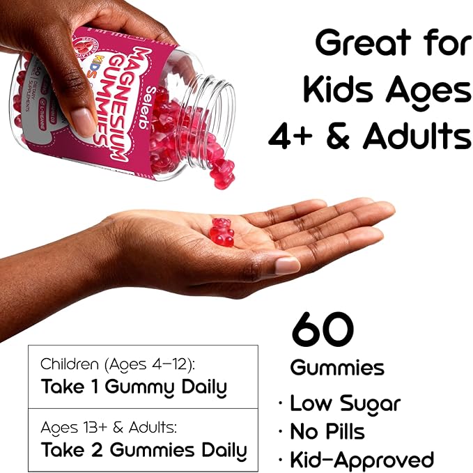 Magnesium Glycinate Gummies for Kids & Adults Melatonin Free Calm Magnesium Gummies with Citrate, Malate, B6, D3, Calcium & L-Theanine for Sleep Relaxation, Bone & Muscle Magnesium for Kids | 60 Count