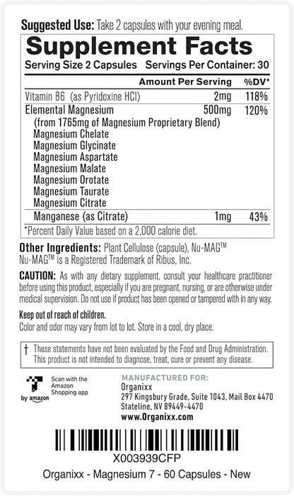 Organixx Magnesium Glycinate Supplement for Support Sleep, Muscle & Heart Health, 7 Type Magnesium Complex with Vitamin B6, Manganese Citrate, Gluten Free, Non GMO, 120 Capsules (60 Capsule 2 Pack)