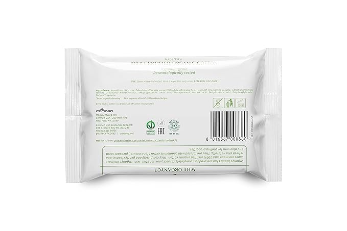 Organyc - 100% Organic Cotton Intimate Wet Wipes, No Parabens, Alcohol, or Chlorine -, White, 20 Count (Pack of 1) (ORGWW1A)