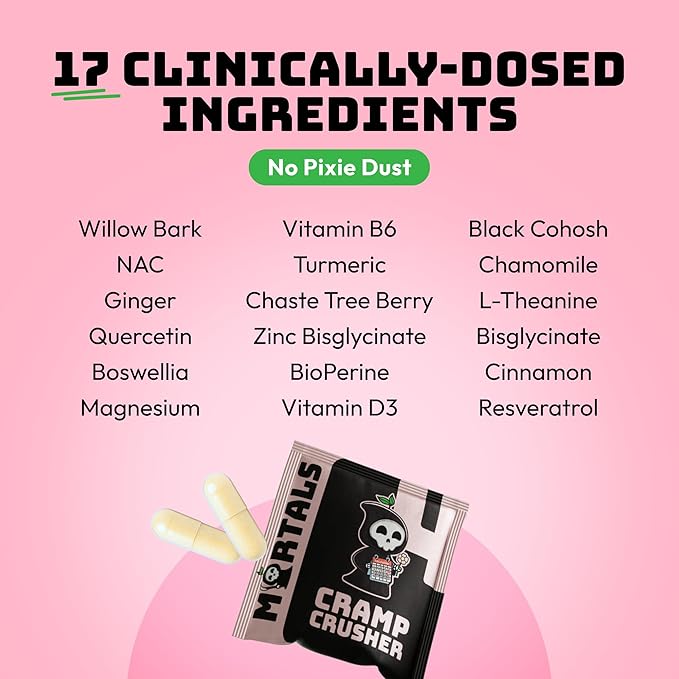 Mortals Cramp Crusher, Supports Bloating Relief for Women, Chasteberry, Magnesium Bisglycinate, Vitamin B6, Black Cohosh, Women's Hormone Balance Supplement, PMS Relief, (50 Capsules)
