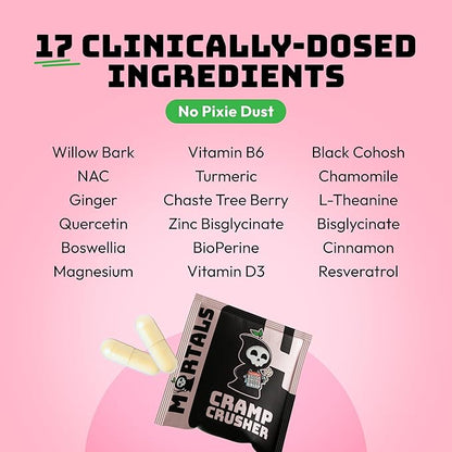 Mortals Cramp Crusher, Supports Bloating Relief for Women, Chasteberry, Magnesium Bisglycinate, Vitamin B6, Black Cohosh, Women's Hormone Balance Supplement, PMS Relief, (50 Capsules)