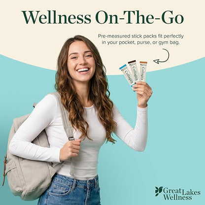 Great Lakes Wellness Collagen Peptides Powder for Skin, Hair, Nails, Joints & Digestion - Variety Flavors - Quick Dissolve Hydrolyzed, Non-GMO, Kosher - 6 Sticks - Packaging May Vary