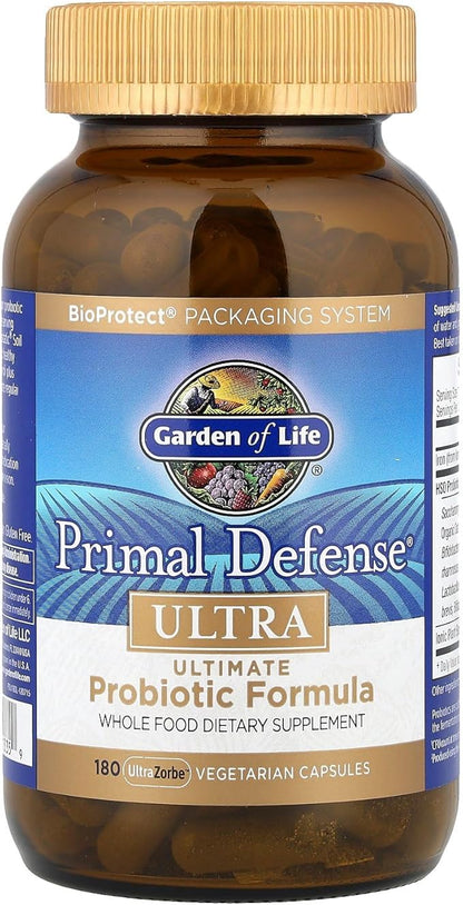 Garden of Life Probiotics for Digestive Health and Gut Health Balance, Primal Defense Ultra Ultimate Formula, 15 Billion CFU and 13 Strains Plus HSOs, Vegetarian and Gluten Free, 180 Capsules