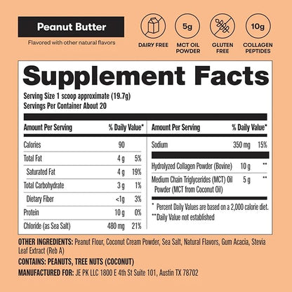 Perfect Keto Collagen Peptides Protein Powder with MCT Oil, Hydrolyzed Collagen, Type I & III Supplement, Gluten Free Grass Fed, Low Carb, Keto Coffee Creamer, Collagen for Women & Men, Peanut Butter